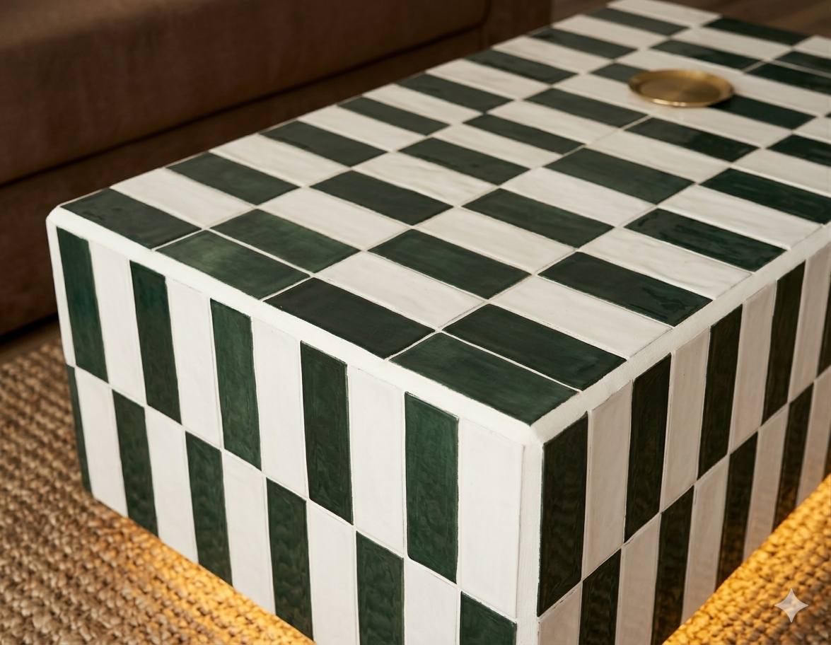 Detalle de cerámica esmaltada verde oscuro y blanco