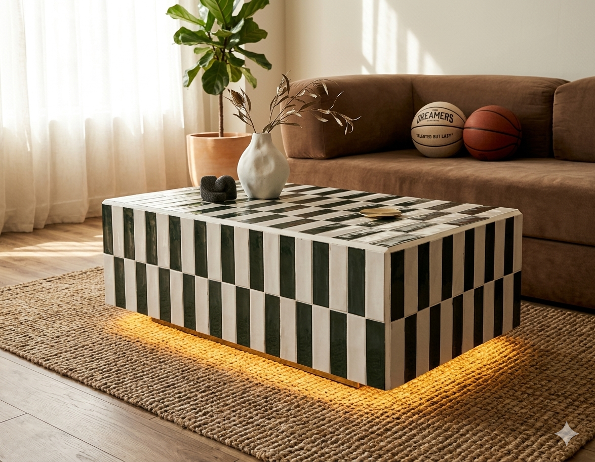 Mesa Damero de día, sala con luz natural