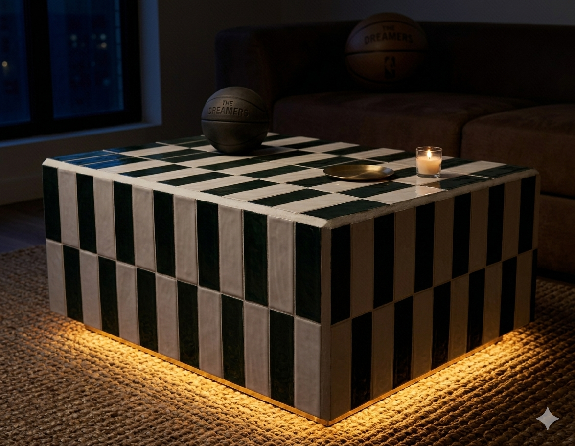 Mesa Damero de noche, vela encendida y glow inferior